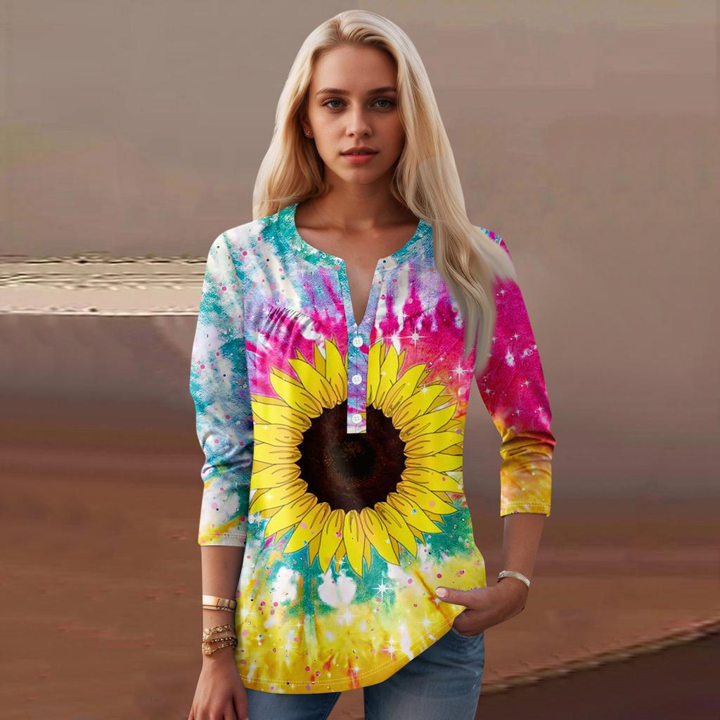 Женская мода повседневный топ с длинным рукавом и круглым вырезом с цветочным принтом