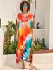 EDOLYNSA 2024 Boho Colorful Printed Batwing Sleeve V-neck Beach Dress Women Summer Swimwear Coverup Cozy Plus Size Kaftan Homewear Q1674