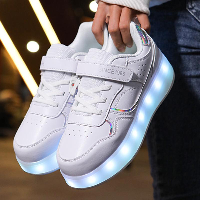 29-38 Детские четырехколесные разборные спортивные туфли на плоской подошве, светодиодные блестящие детские светящиеся кроссовки