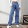 Women Jeans High Waist Zipper Button Closure Solid Color Slim Fit Wide Leg Retro Straight Pockets Soft Colorfast Lady Full Length Denim Pants