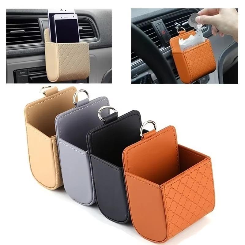 Car Storage Bag Air Vent Dashboard Tidy Hanging Leather Organizer Box Glasses Phone Holder Storage Organizer Car Accessories