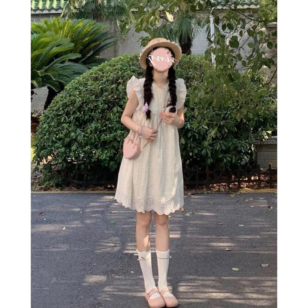 Summer Female Elf Round Neck Lace Small Flying Sleeve Embroidery Dress Casual New Small Summer Dress