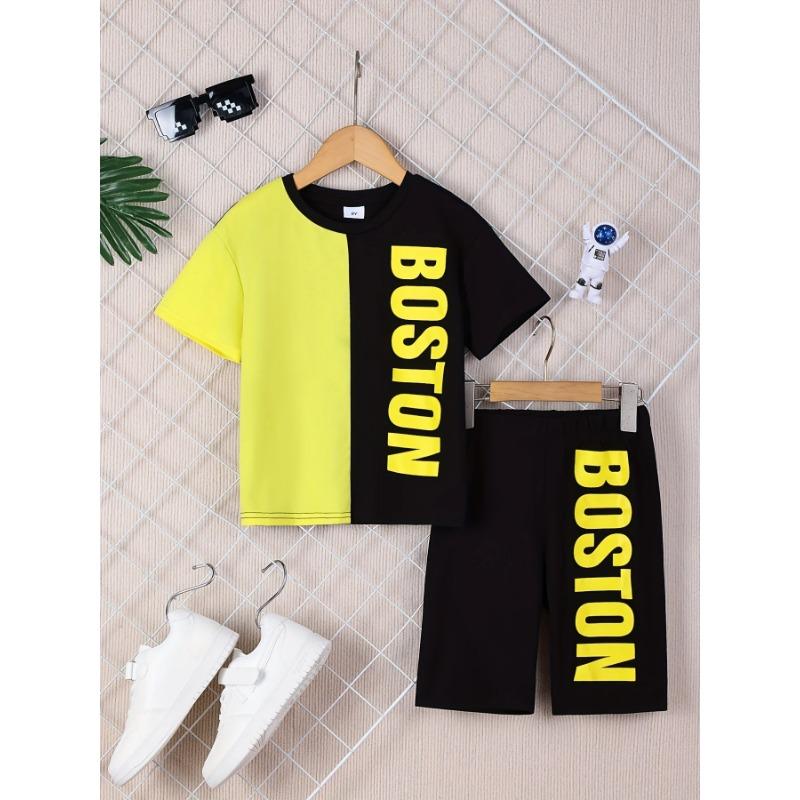 Направленный хит продаж для мальчиков в стиле пэчворк с цветным буквенным принтом, свободный костюм с короткими рукавами и шортами в повседневном стиле