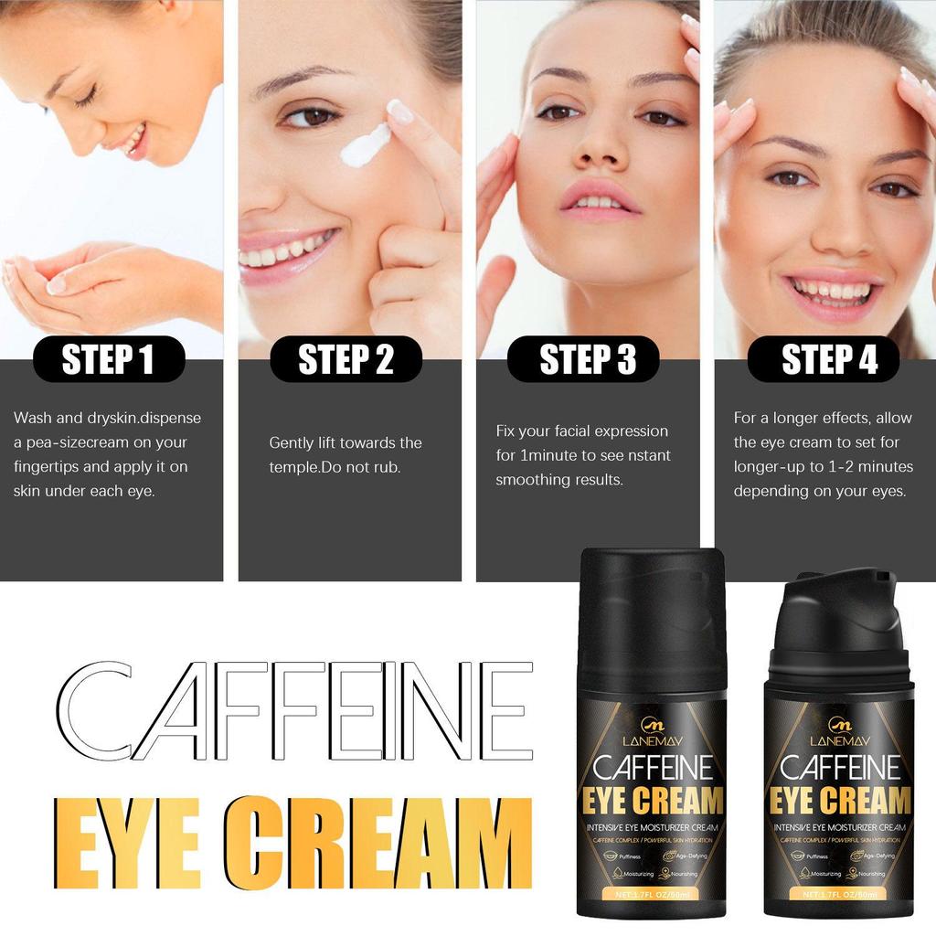 Крем для кожи вокруг глаз с кофеином устраняет отечность, уменьшает темные круги и мешки под глазами, разглаживает мелкие морщинки, подтягивает и увлажняет кожу