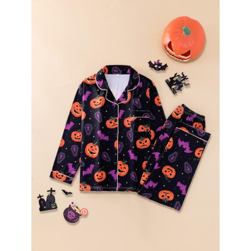 Womens Halloween Pajama Set Long Sleeve Pants Lapel Loose Loungewear Winter