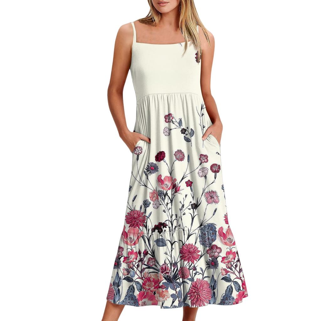 Женское длинное пляжное повседневное элегантное платье макси на тонких бретельках с цветочным принтом, струящееся платье в стиле бохо