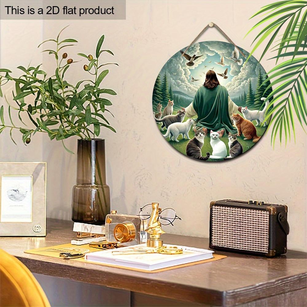 Деревянная табличка в современном стиле с узором Богоявления Иисуса, кошки и голубя мира, круглая табличка Иисуса для декора настенного подвеса для входной двери, идеальный подарок на Богоявление