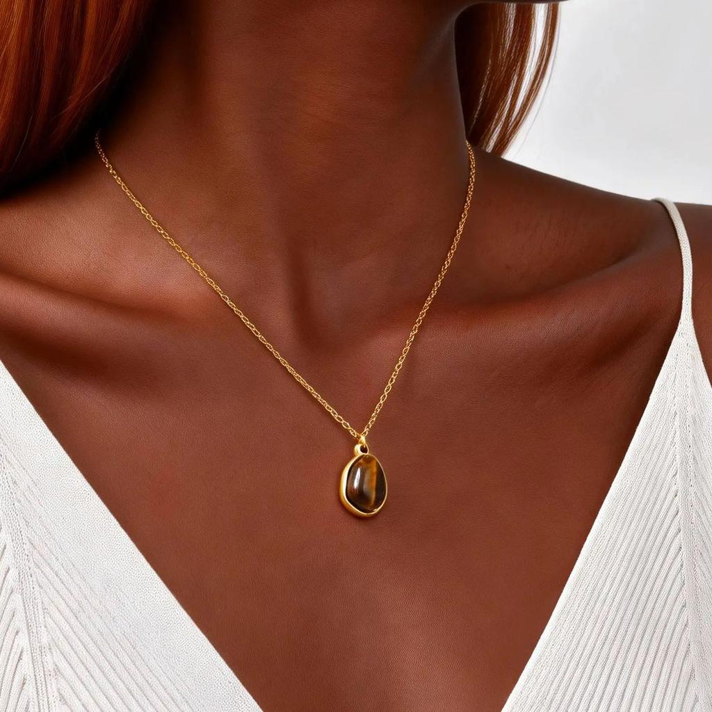 Tiger Eye Natural Stone Necklace for Women Stainless Steel Gold Plated Geometric Stone Pendant Necklace Aesthetic Jewelry Gift
