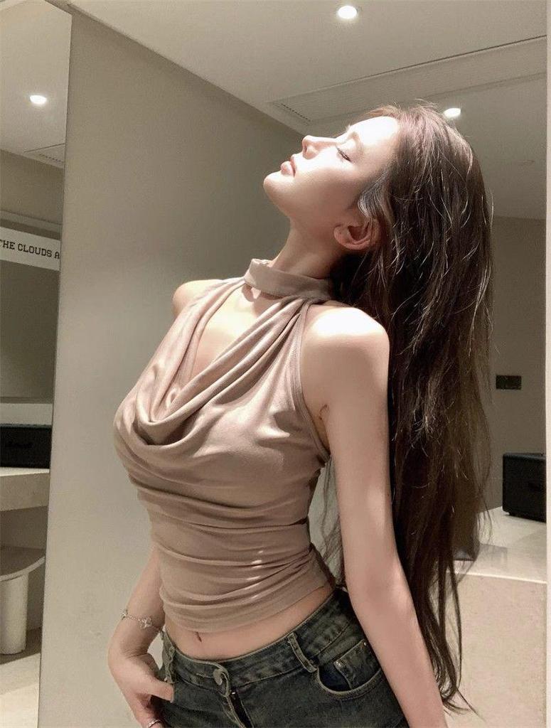 Хаки Топ-майка с открытой спиной, драпированным вырезом и завязками на шее - Женский летний топ без рукавов