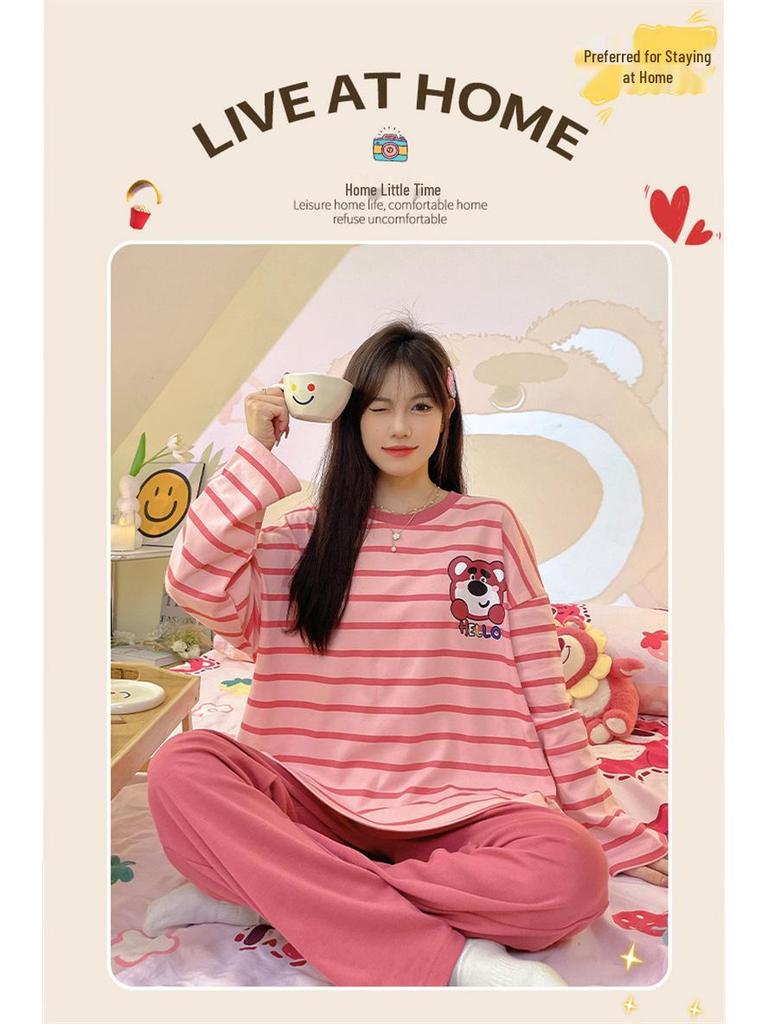 Женский пижамный комплект с длинным рукавом - Милый мультяшный принт, Большой размер, для весны и осени, для дома/улицы