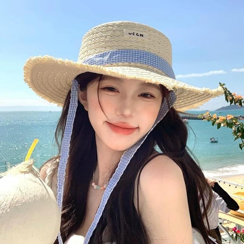 Соломенная шляпа с плоской тульей и ремешком, женская летняя шляпа от солнца, соломенная шляпа с широкими полями, пляжная шляпа, для отпуска на море