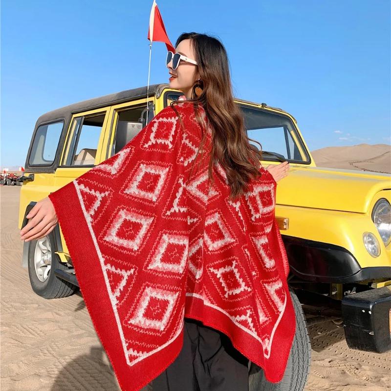 21 Style Big Pendulum Cloak With Hat Arabic Poncho Women Leopard Pocket Shawl Cape Knitted Middle East Split Thick Warm Blanket