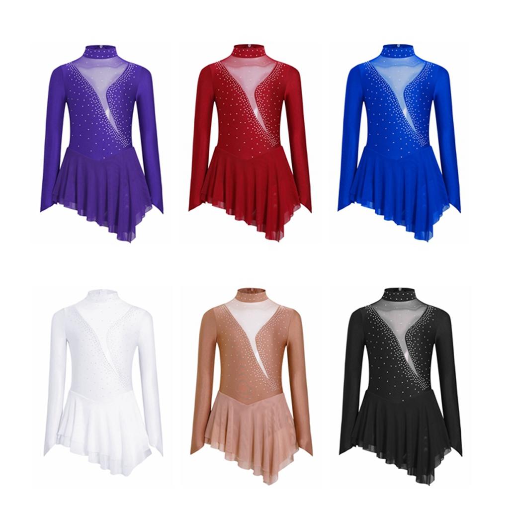 Синий сетчатый и спандексный спортивный купальник с блестящими стразами для танцев и катания на коньках