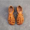 Johnature Genuine Leather Hand Woven Breathable Sandals Retro Round Toe Low Heel Women's Shoes