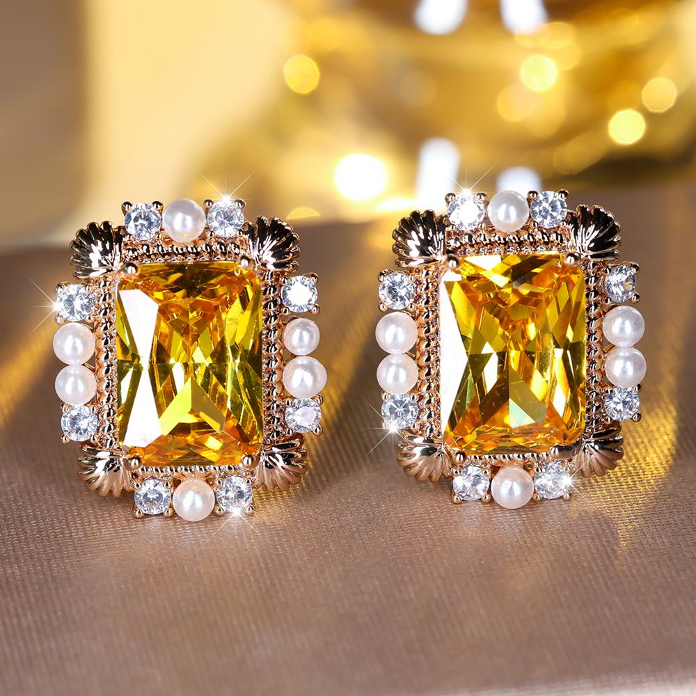 Elegant Yellow Cubic Zircon Square Stud Earrings for Women Shiny Crystal Bride Wedding Party Earrings Jewelry