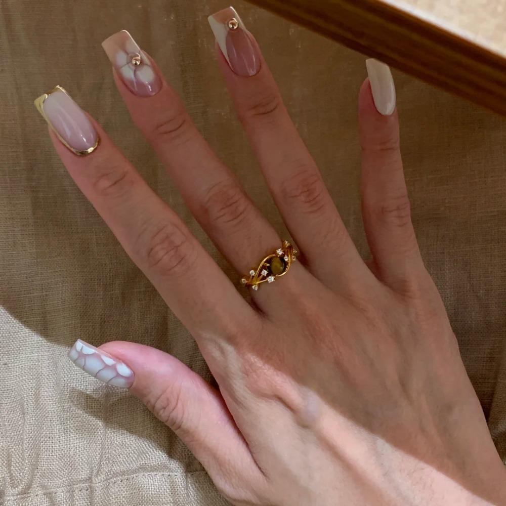 Vintage Brushed Open Ring Natural Tiger Eye Stone Women Fashion Luxury Shiny Vine Design Index Finger Jewelry