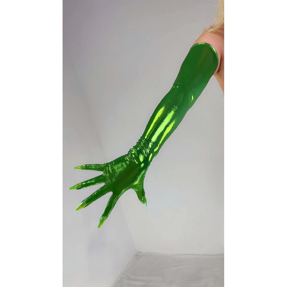 ГОЛОГРАФИЧЕСКИЕ Лазерные ПЕРЧАТКИ ДЛЯ НОГТЕЙ Металлические Блестящие Синие Сенсорные 70СМ Длинные ТЕХНОлогичные Тонкие Эластичные Холо Вечерние Перчатки с Ногтями