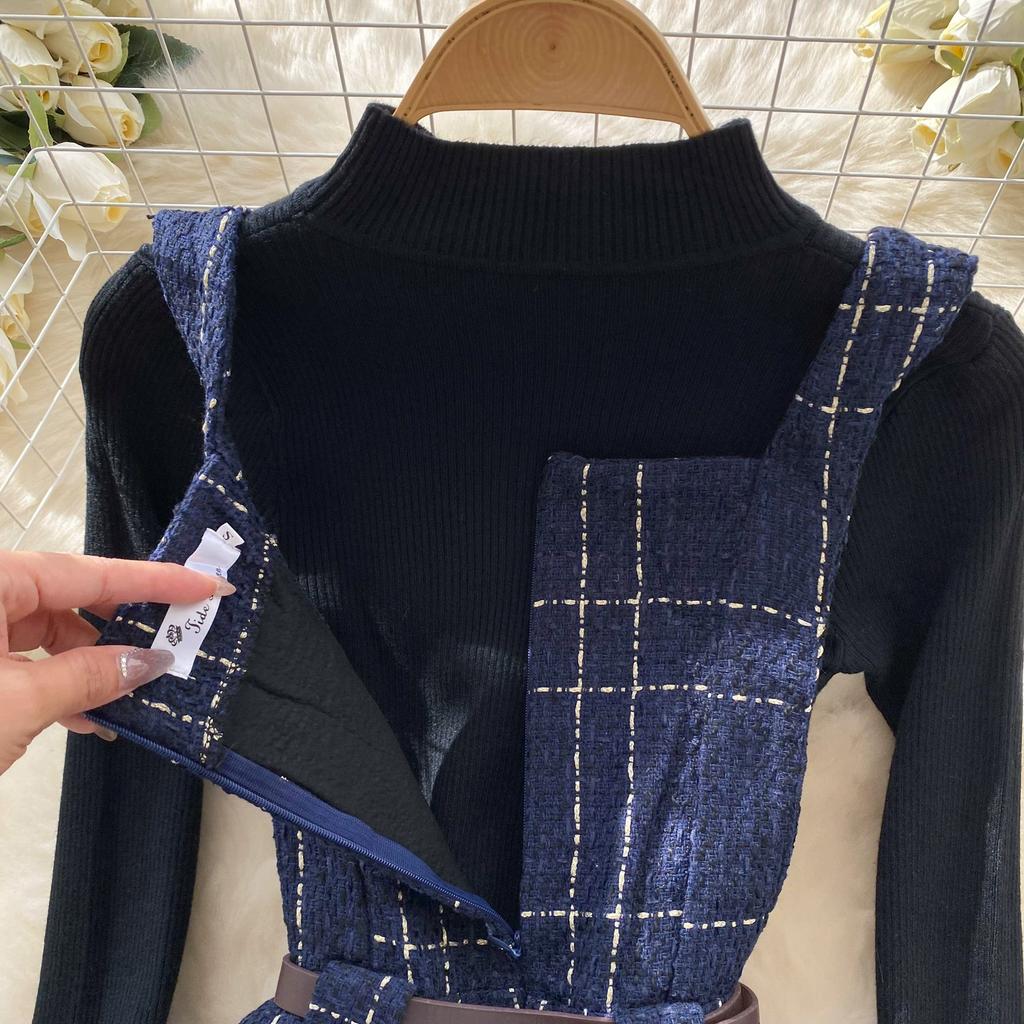 Осенне-зимний женский комплект свитер-платье, повседневный вязаный пуловер, топы + клетчатое твидовое платье, наряды из 2 предметов, женский с поясом