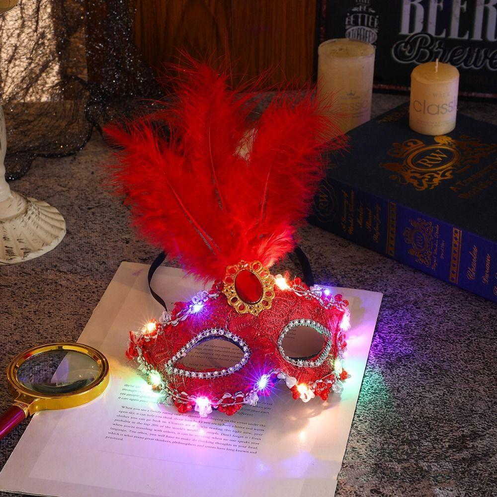 Rhinestone LED Glowing Mask Plastic Venice Masquerade Mask Creative Feather Mask  Halloween