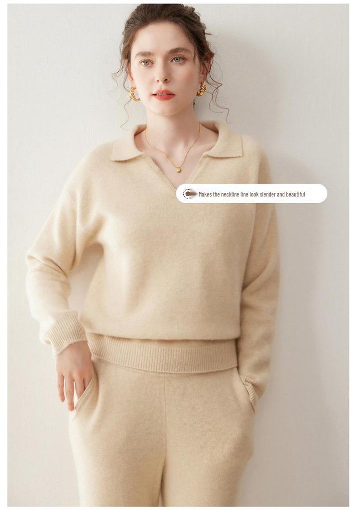 Women's Cashmere Knit POLO Collar Long Sleeve Pullover Sweater - Warm & Solid Color for Autumn/Winter