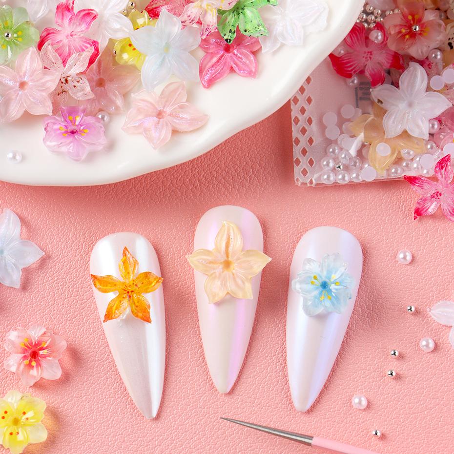 Xiaomi 30/50pcs Colorful Blooming Flowers Nail Charms Resin Camellias Hibiscus Sakura With Pearl Summer Japanese Style Nail Decorations