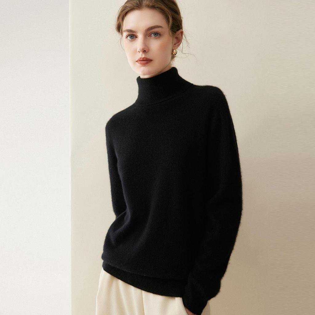 Women's 100% Pure Cashmere High Neck Pullover Sweater, Short and Loose, Versatile Warm Knitwear for Autumn/Winter.