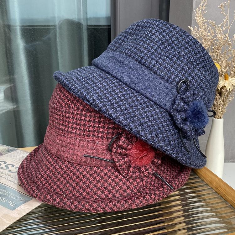Mom hat ladies autumn and winter bucket hat versatile middle-aged and elderly basin hat casual travel curled woolen top hat
