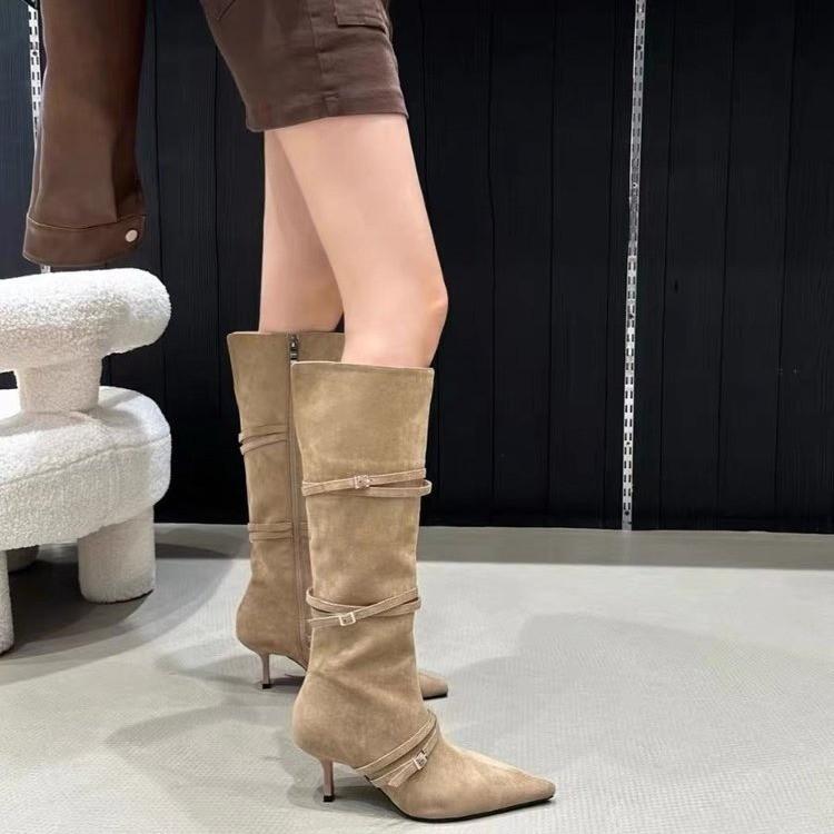High Heels Suede Women High Boots Pointed Toe Sexy Shoes Knee High Fashion Chelsea Boots 2024 Trend Winter Pumps Botas De Mujer
