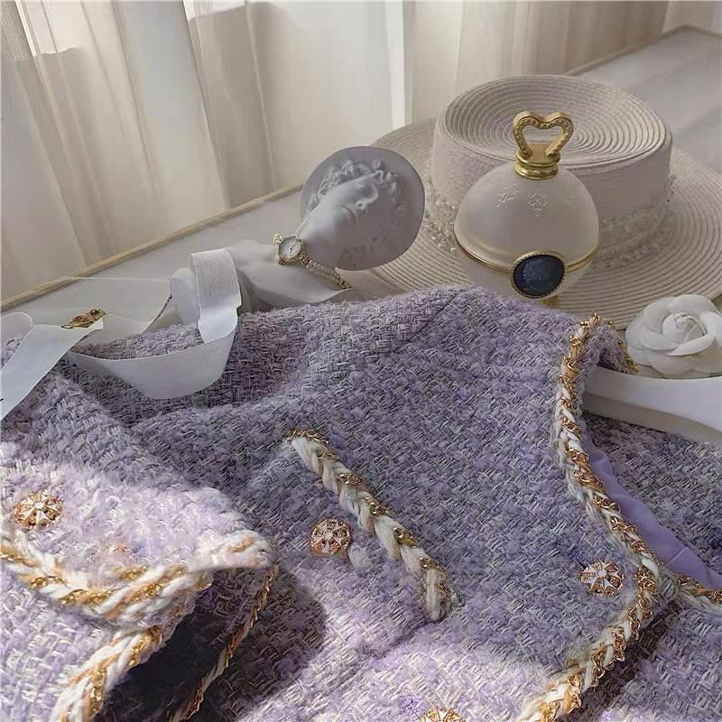 Xiaoxiangfeng Лавандово-фиолетовый твидовый короткий жакет Женский Осень-Зима Популярные цвета