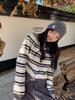 2025 Autumn/Winter Women's Korean Style 100% Wool Striped Cardigan Sweater - Round Neck, Comfortable Knit
