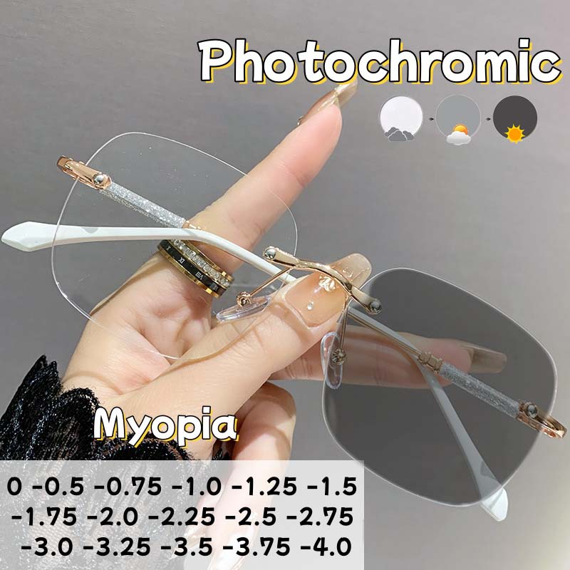 Продвинутые безрамочные фотохромные очки для близорукости Модные квадратные с защитой от синего света Высококачественные с диоптриями до -4.0