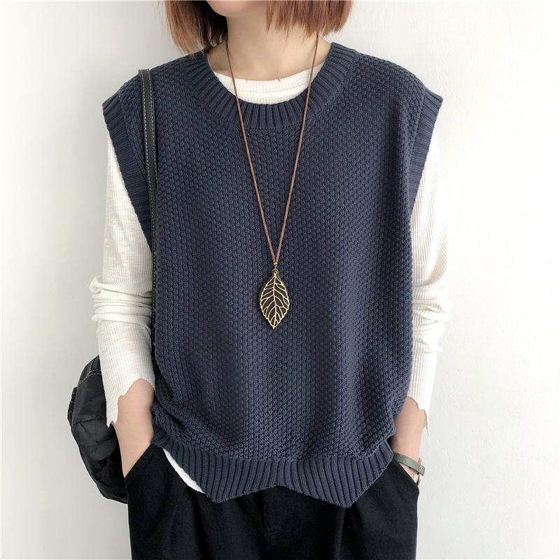 Fashion Knitted Vest Women's Clothes 2024 Autumn Solid Color Loose Round Neck Irregular Pullover Short Vest Outside The Waistcoat Winter