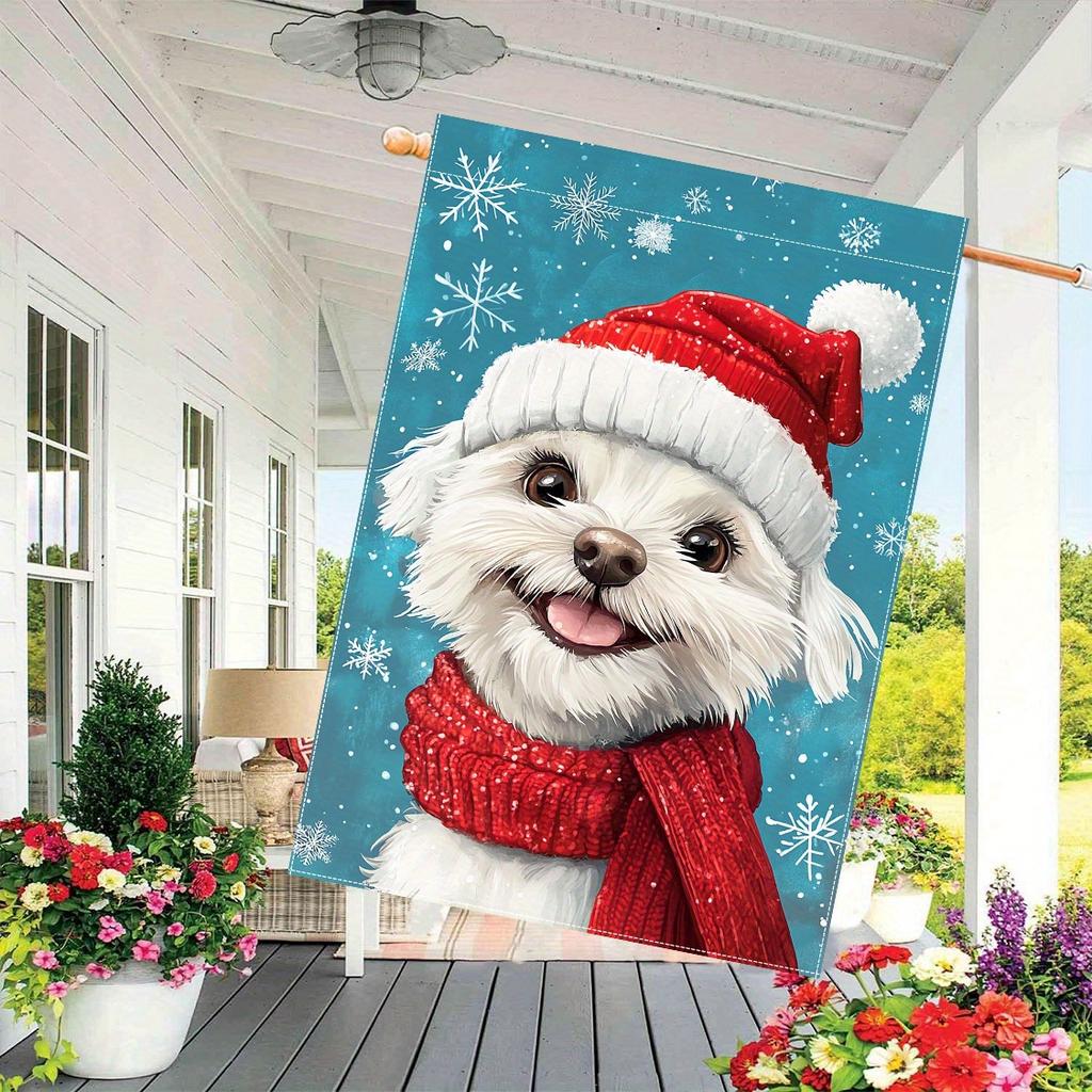 1pc, Christmas snowflake Christmas hat white Maltese puppy,double-sided garden flag yard decoration, outdoor decoration, lawn decoration, flag only