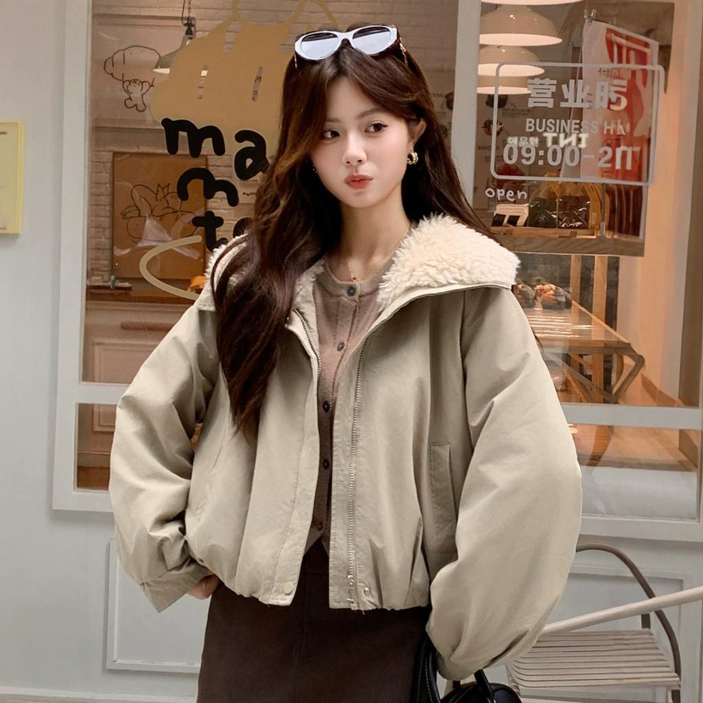 Women Short Faux Lamb Fur Collar Padded Workwear Winter Jacket