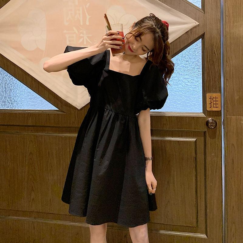 New Summer Korean Version Loose Short-sleeved Square Neck Dress Female Students Loose Internet Celebrity Foreign Style Thin Skirt