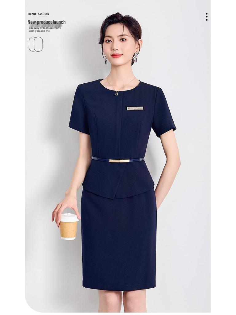 Темно-синее облегающее платье-двойка - Женская формальная одежда, рукав семь восьмых, круглый вырез