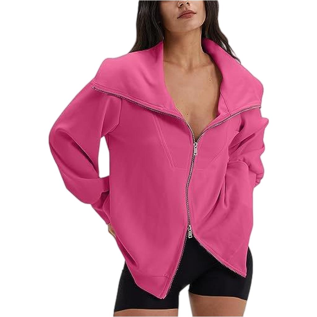 Women's Comfortable Casual And Fashionable V-neck Long Sleeved Solid Color Double Zipper Sports Shirt Jacket