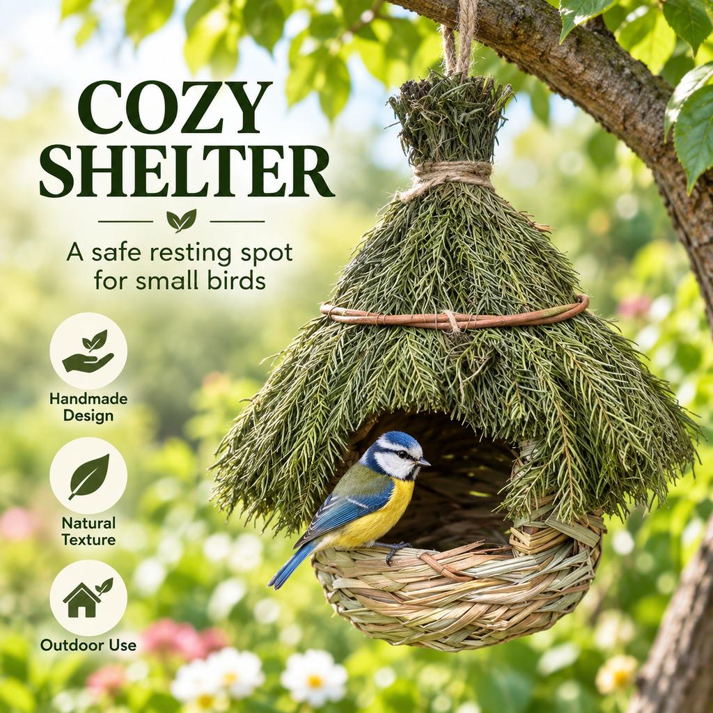 Natural Grass Bird Nest Handwoven Hanging Bird House Straw Shelter for Small Birds Outdoor Garden Patio Balcony Decor
