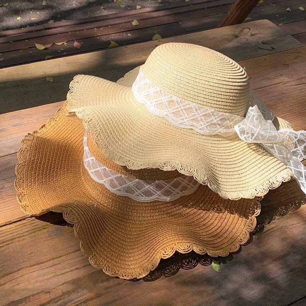 French Style Lace Straw Hat Spring Summer Women's Sun Hat Elegant Bow Ribbon Straw Hat  Outdoor