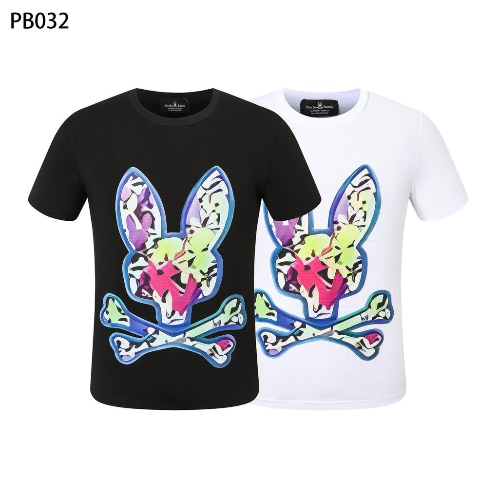 Футболка мужская Psycho Bunny с цветным рисунком черепа и кролика - круглый вырез, уличный тренд