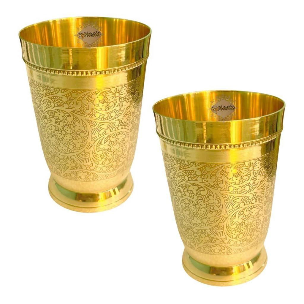 Brass Dining Glass || Drinking Brass Glass || Brass Tumbler with Embosed Design - Capacity 300 Ml (Pack of 2 Glasses)