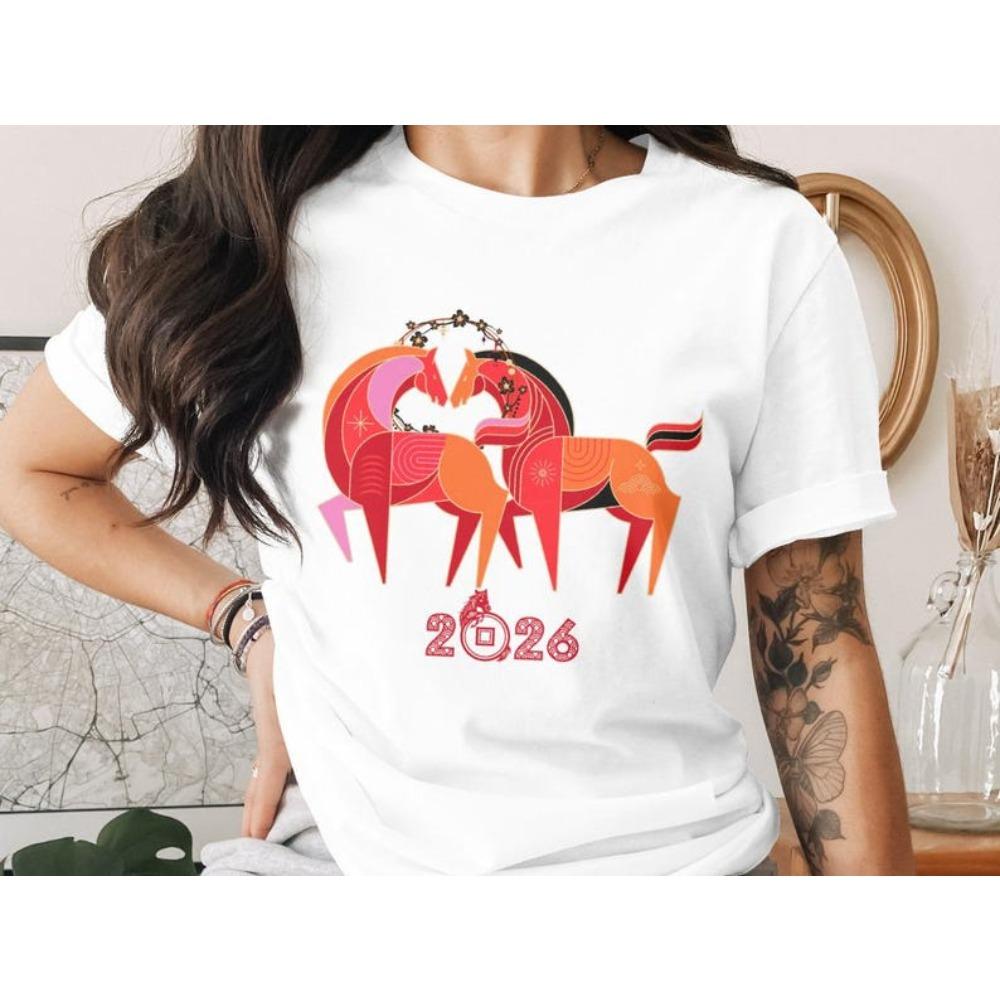 Lunar New Year 2026 Shirt Year of The Horse Chinese Zodiac TShirt Creative Design Happy New Year Men Women Tshirt Cotton Tops