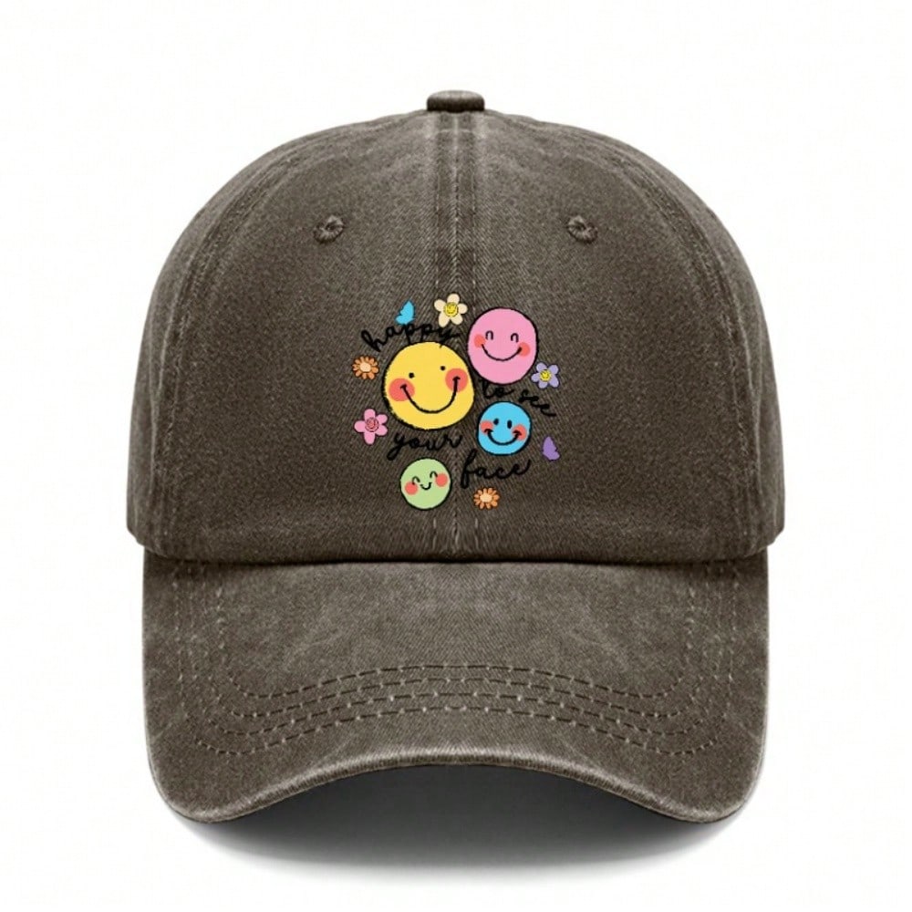 [ Face Baseball Cap] Cute Happy Faces Print Unisex Adjustable Breathable Baseball Hat For Women Men Summer Outdoor Sports