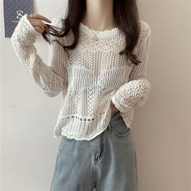 Spring Hollow Sunscreen Knitted Long-sleeved T-shirt Women's Loose Short Versatile Top Solid Color Thin Blouse