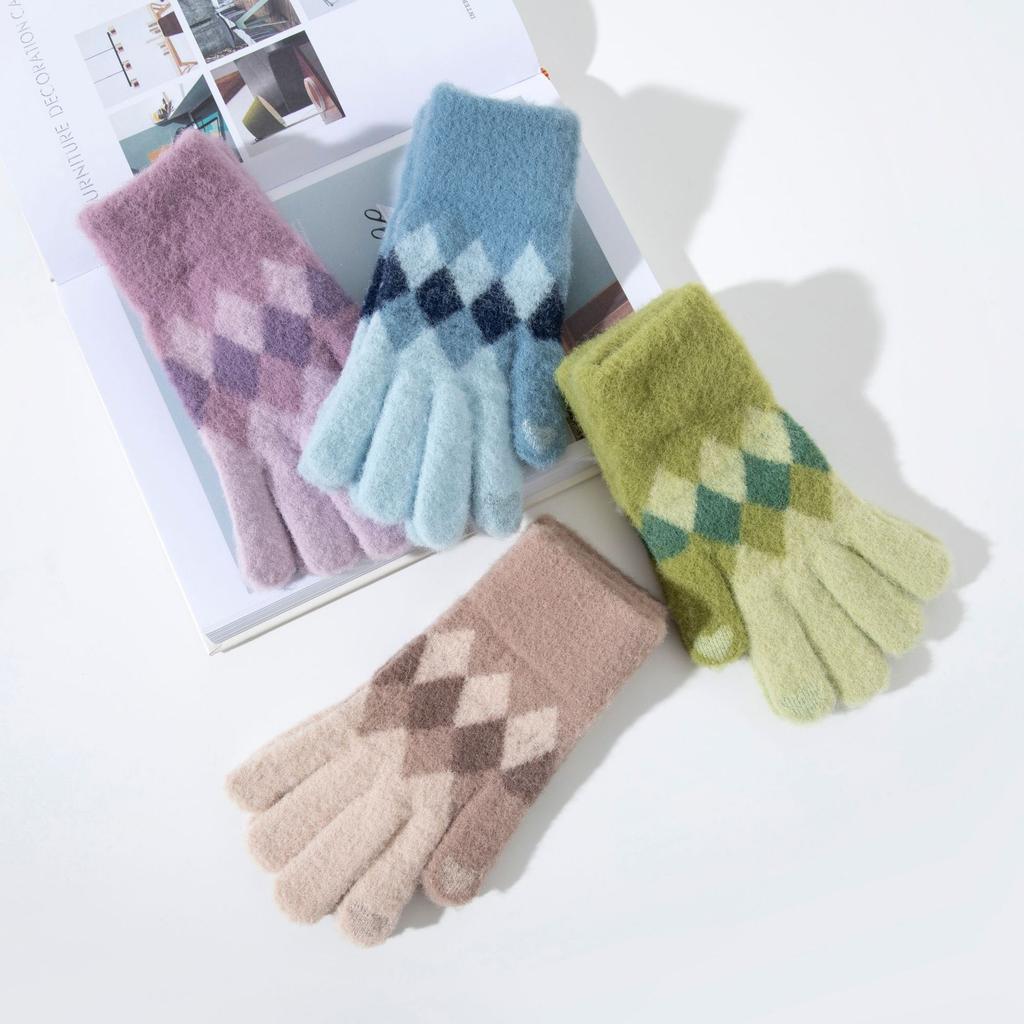 Women's Faux Mink Diamond Knit Gloves Touchscreen Winter Warm Fleece Lined Cycling