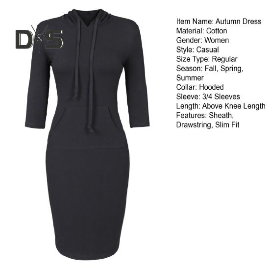 Осеннее платье с капюшоном и большим карманом, облегающее, с завязками на талии, эластичное, однотонное, облегающее мини-платье с рукавами 3/4, повседневное, для офиса, вечеринки, платье