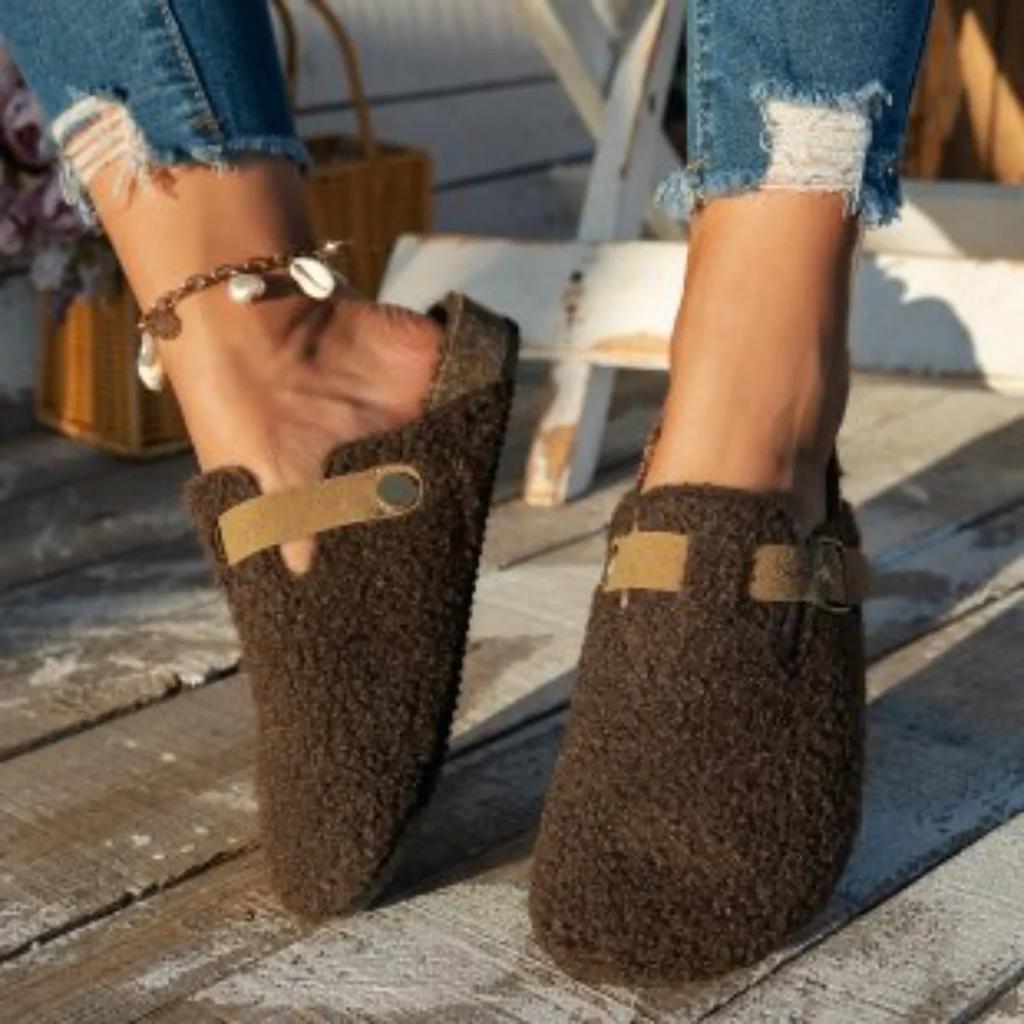 Fashion Women Slippers Mules Fur Women Shoes Winter New Buckle Flats Platform Walking Plush Ladies Slides Casual Warm Indoor Boots Women