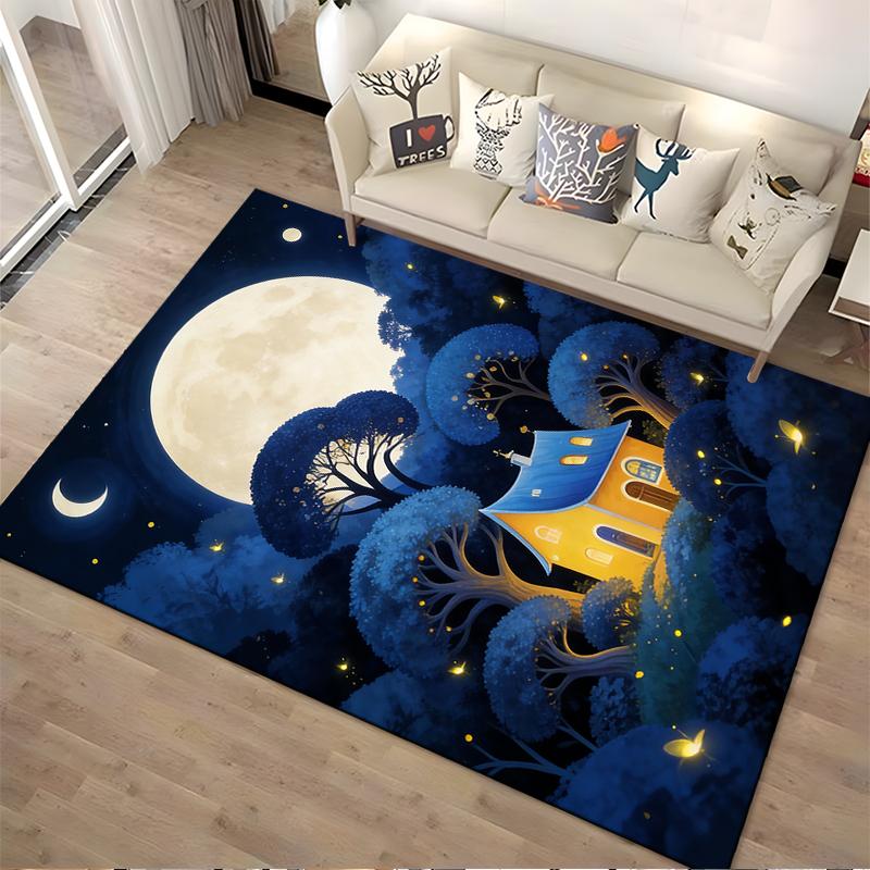 Cozy Cottage Night Scene Carpet with Moonlight and Glowing Forest Suitable for use as an anti-slip for living room bedroom sofas