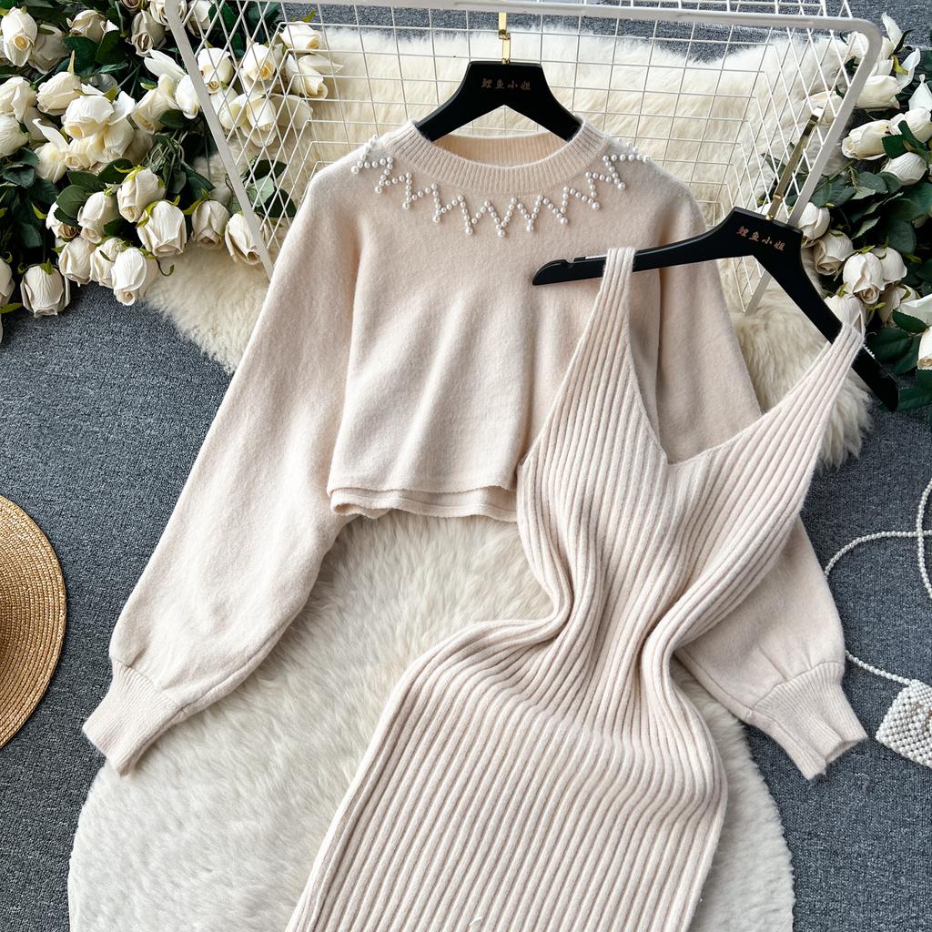 Осень-зима женский элегантный вязаный свитер комплект из двух предметов женский тонкий облегающее платье-футляр и пуловер с бисером топы костюм