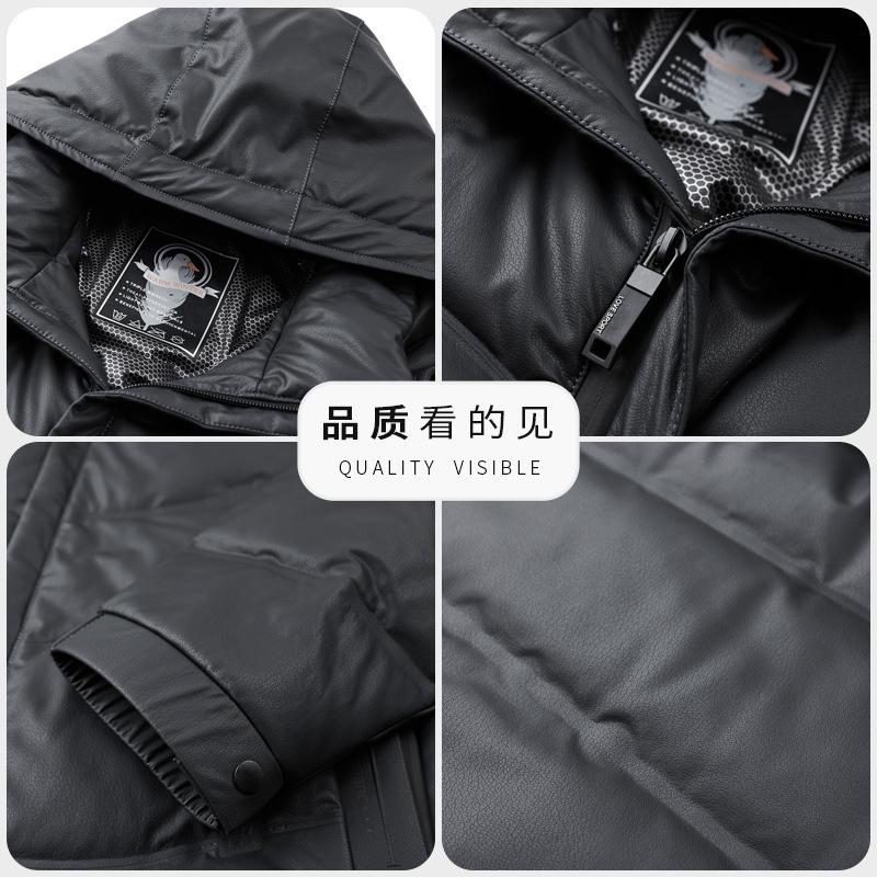Кожаная куртка-пуховик с капюшоном, мужская зимняя утолщенная белая кожаная куртка на утином пуху, термокуртка